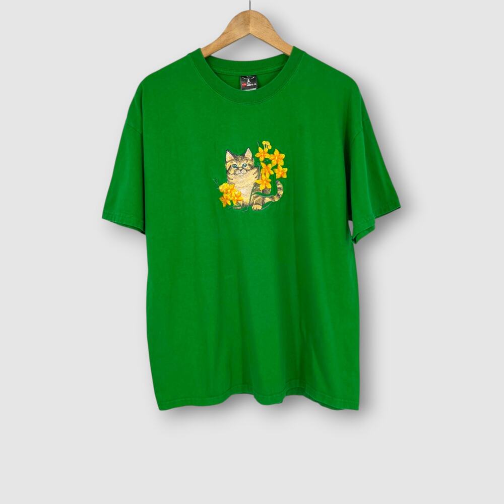 90s Vintage Green Embroidered Kitten Cat Floral Tee Cottagecore T-Shirt Size XL